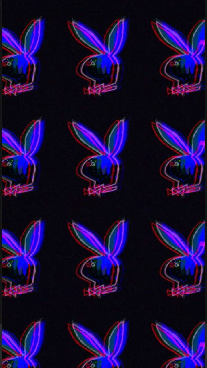 Playboy故障圖案標誌 壁紙 — 螢光藍色和粉紅色的Playboy兔仔標誌在黑色背景上以重複網格圖案發光。