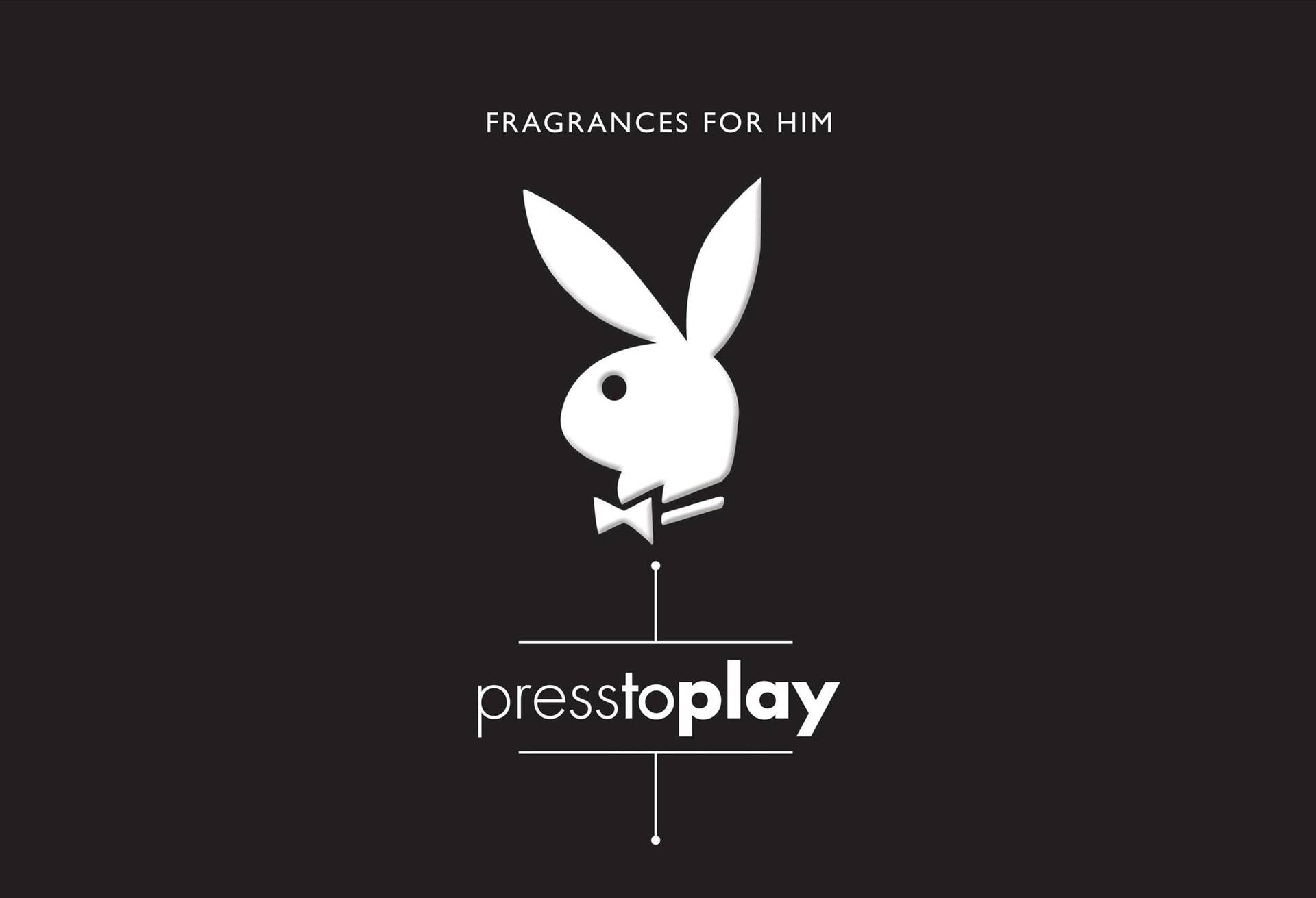 Playboy兔仔標誌配蝴蝶結及文字fragrances for him press to play在黑色背景上