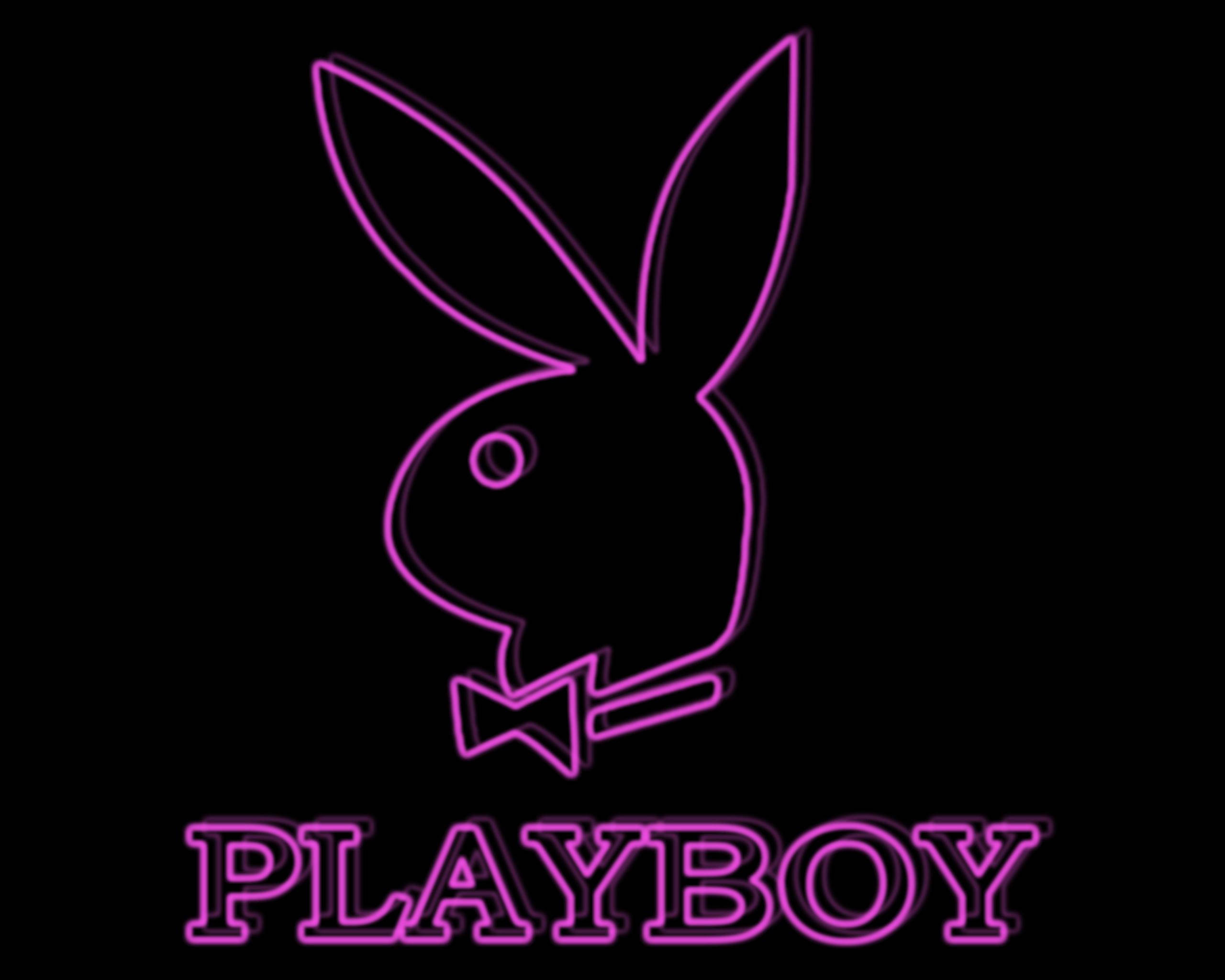 Playboy霓虹紫 壁紙 — 發光紫色霓虹燈Playboy兔仔標誌，配有蝴蝶結和文字，背景為黑色。
