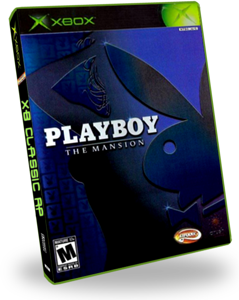 Playboy：豪宅 Xbox 遊戲 壁紙 — 深藍色Xbox遊戲盒，用於Playboy The Mansion，具有風格化的兔子剪影和發光文字。