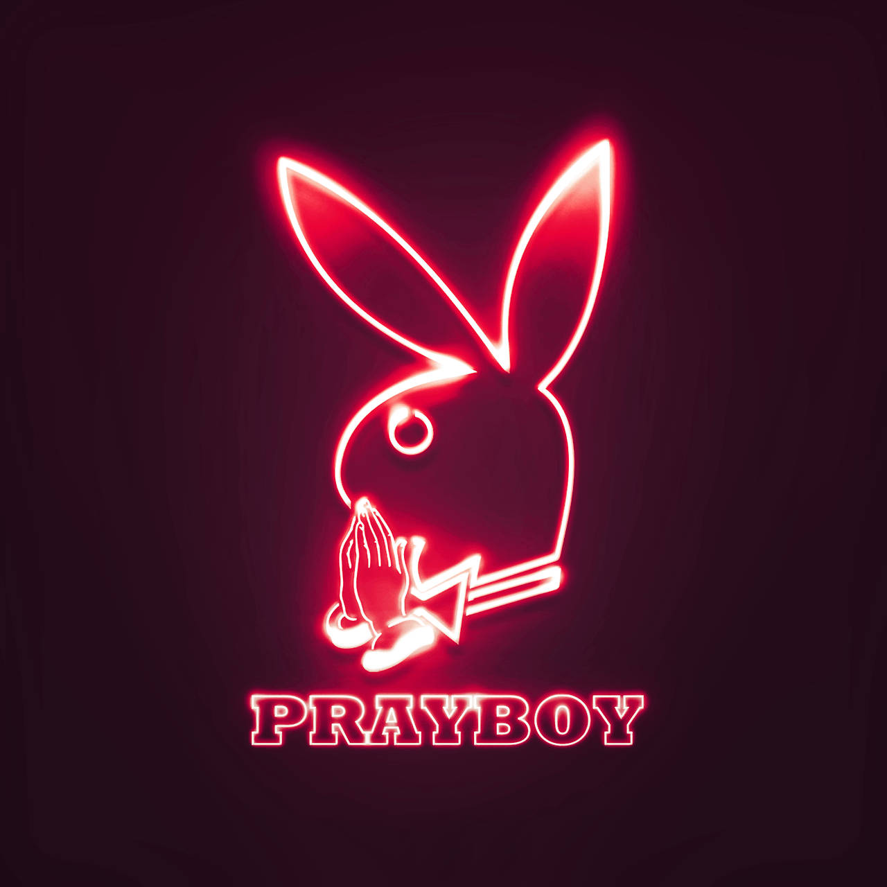 一個兔子雙手合十祈禱的霓虹燈牌，以及紅色的 PRAYBOY 字樣。