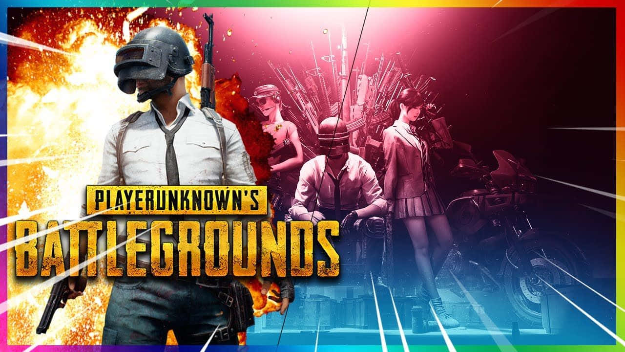 Pubg Banner 桌布 壁紙 — PlayerUnknown's Battlegrounds 的鮮豔遊戲海報，描繪武裝角色在火焰與霓虹背景前。