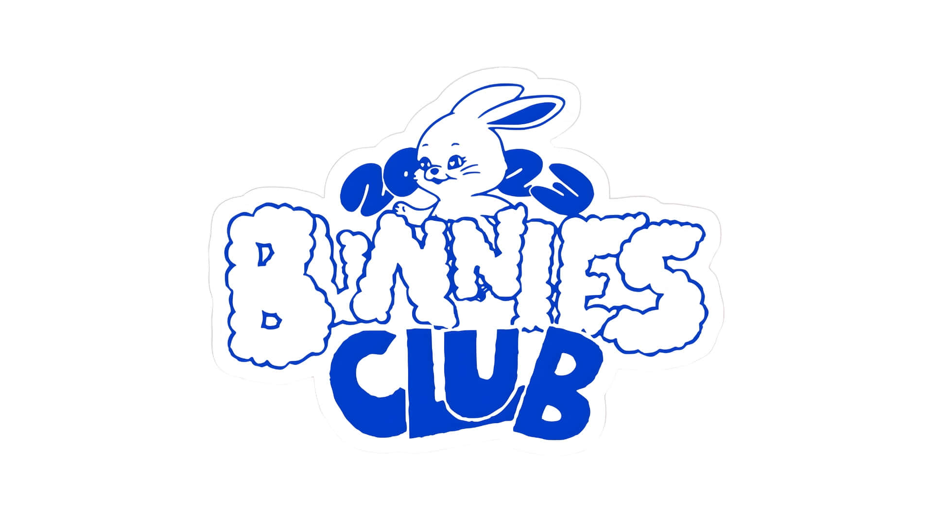  壁紙 — 一個俏皮的藍白貼紙標誌，卡通兔子從泡泡字體 'BUNNIES CLUB' 上方探出頭來。