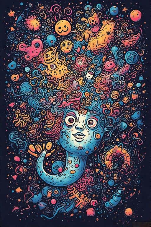Playful Doodle Art Wallpaper Quirky Creativity in 8K 壁紙 — 一個超現實的藍色生物，在黑暗背景上擁有由彩色卡通面孔和形狀組成的漩渦宇宙鬃毛。