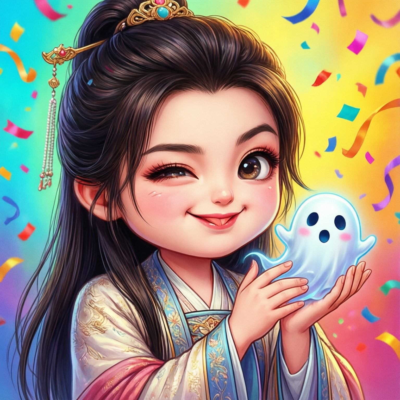 一個微笑的女孩穿著傳統長袍，在五彩紙屑環繞中抱著一個發光的藍色幽靈。