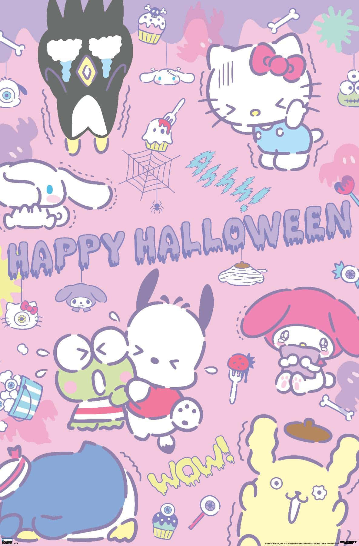  壁紙 — 一張有趣的粉紅色萬聖節壁紙， featuring Sanrio 角色穿著恐怖服裝，配有糖果和骨頭。