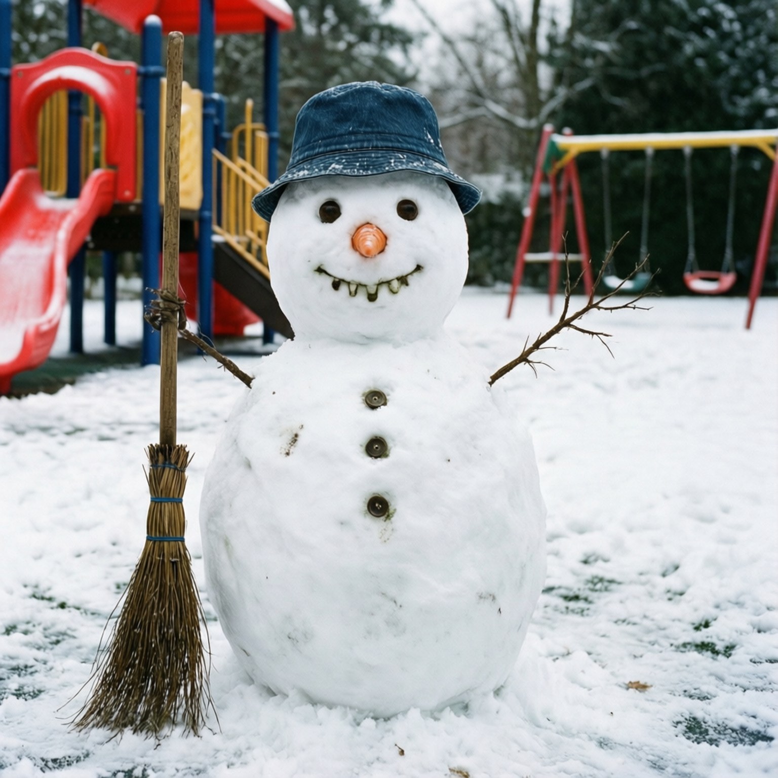 雪人戴著牛仔帽在雪地遊樂場拿著掃帚