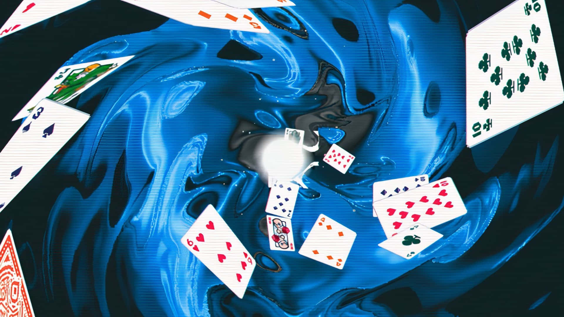  壁紙 — 啤牌在充滿活力的藍色液體漩渦中動態旋轉，中心發光。