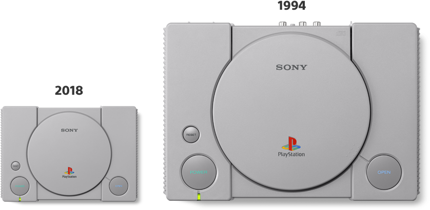 PlayStation 經典版與原版對比 壁紙 — 並排比較1994年的Sony PlayStation主機和2018年的模型，展示設計演變。
