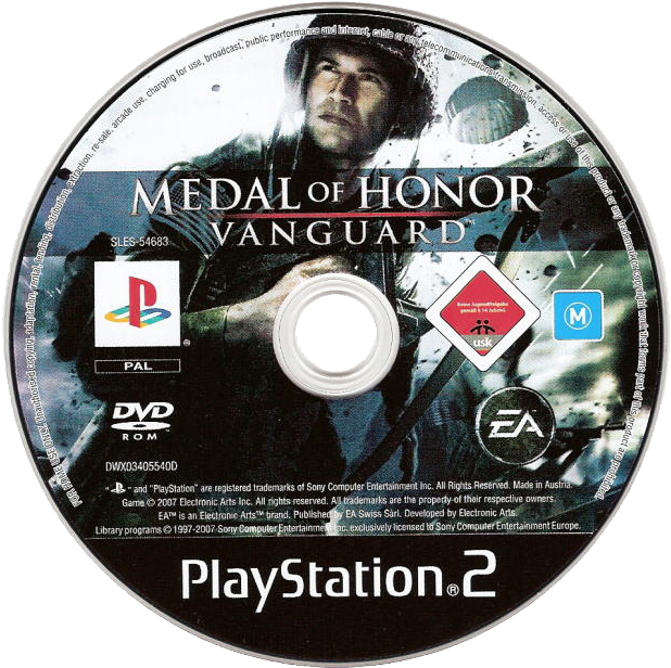 榮譽獎章：前鋒 PlayStation 2遊戲光碟 壁紙 — Medal of Honor Vanguard 的 PlayStation 2 遊戲光碟，展示一名身穿戰鬥裝備的士兵，背景是戰爭蹂躪的景象。