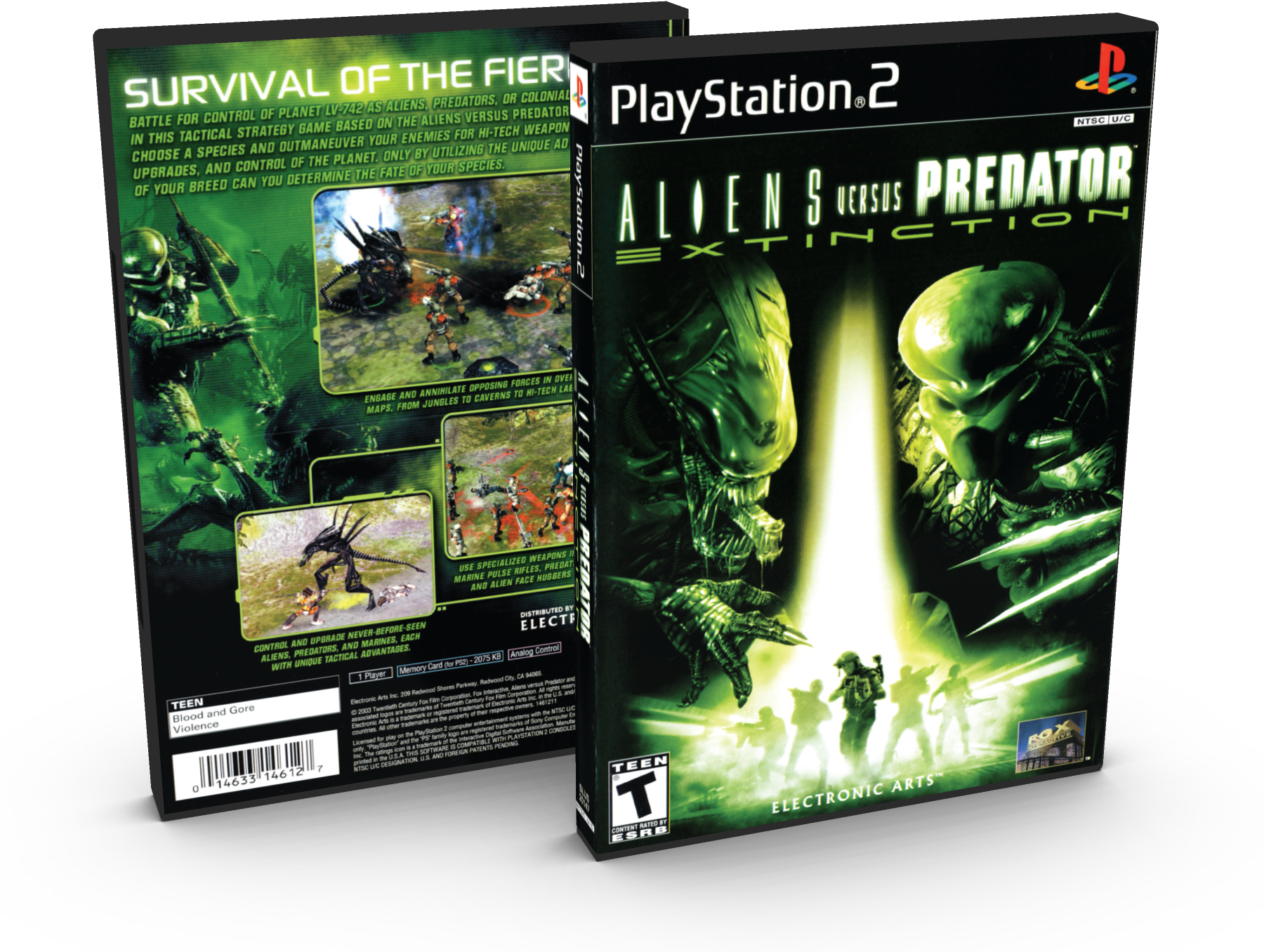 異形對掠食者：滅絕 PlayStation 2 遊戲 壁紙 — 《Aliens versus Predator Extinction》遊戲盒展示綠色發光的外星人和士兵在戰術戰鬥場景中。