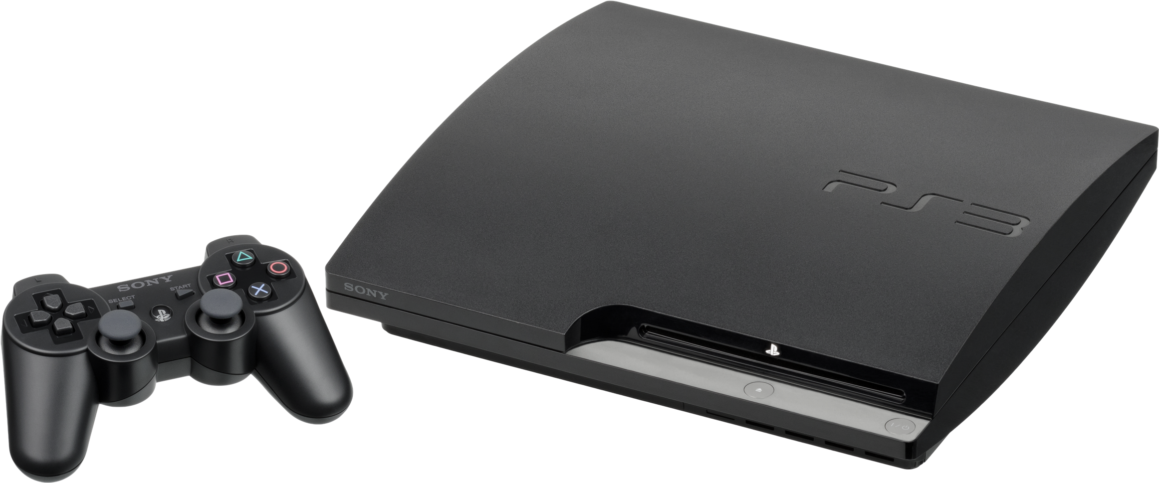 黑色PlayStation 3主機與控制器 壁紙 — 一部時尚的黑色 PlayStation 3 主機和控制器，在純白色背景上孤立展示。