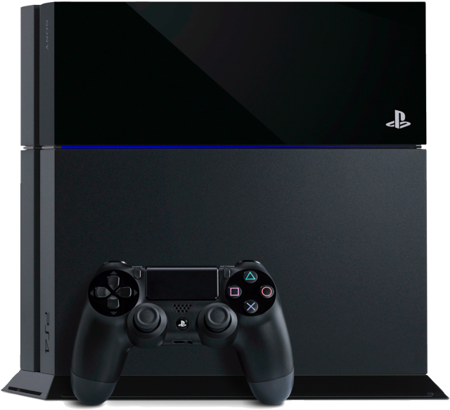 PlayStation 4主機與控制器 壁紙 — 一部時尚的黑色 PlayStation 4 主機，配備一個發出藍光的匹配控制器，背景為白色。