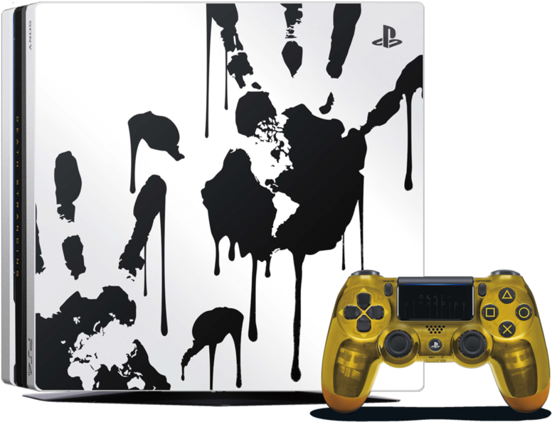 客製化PlayStation 4主機與控制器 壁紙 — 一部白色PlayStation 4主機，帶有黑色油漆飛濺設計，旁邊有一個金色半透明控制器。