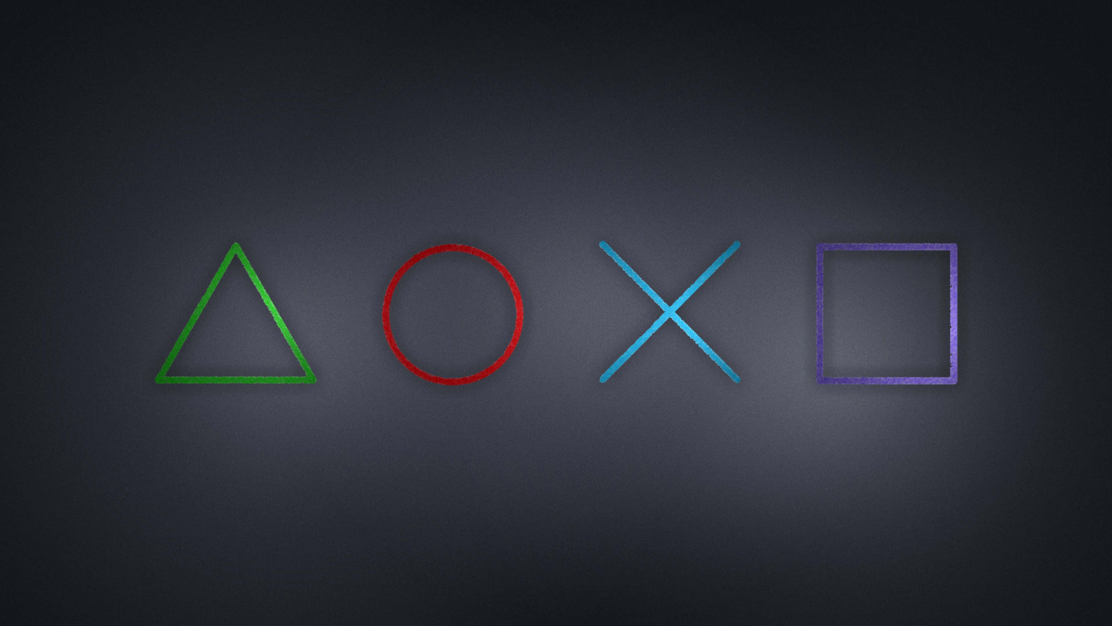 以 PlayStation 4 獲取勝利優勢 壁紙 — 四個發光的PlayStation控制器按鈕三角形圓圈交叉正方形漂浮在深色漸變背景上。