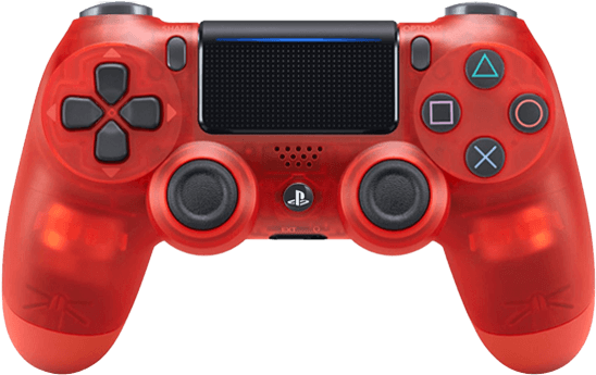 紅色PlayStation 4 DualShock 4控制器 壁紙 — 一個半透明紅色PlayStation 4控制器，帶有發光的內部燈光和黑色按鈕，背景為白色。