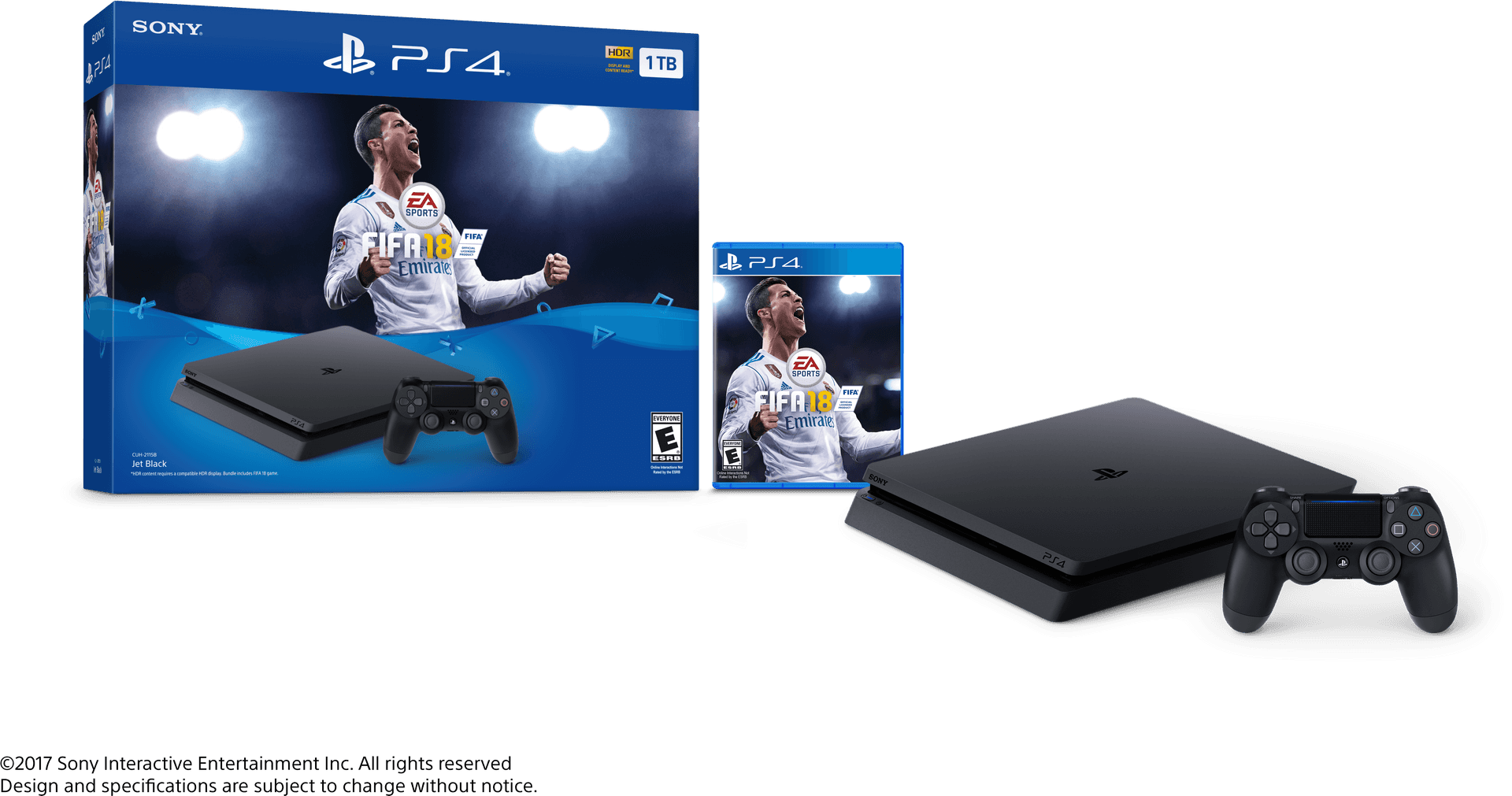 PlayStation 4 配 FIFA 18 遊戲套裝 壁紙 — 黑色PlayStation 4主機和控制器展示在遊戲盒和FIFA 18封面旁邊，封面有一位慶祝的足球運動員。