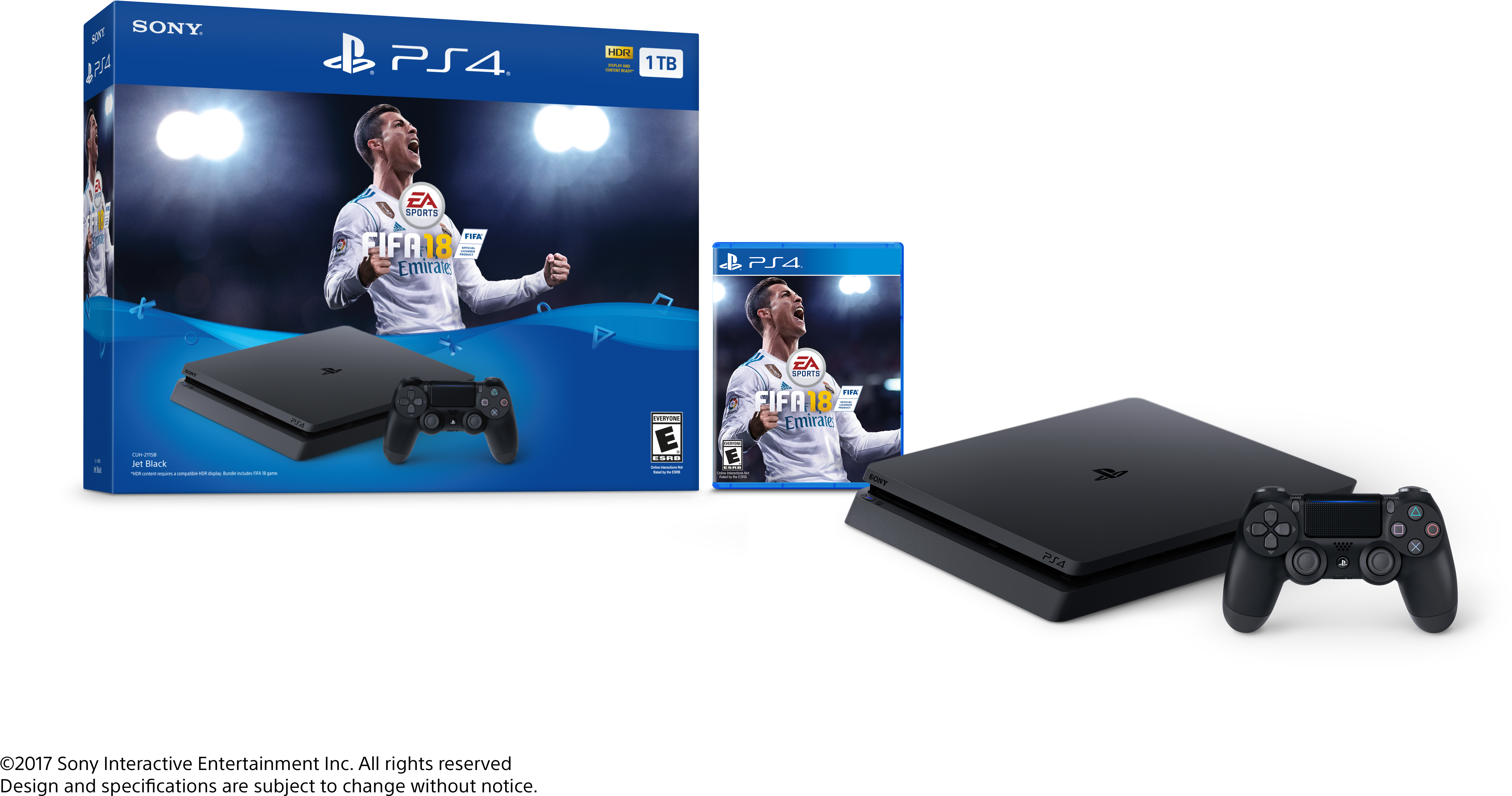 PlayStation 4 配 FIFA 18 遊戲套裝 壁紙 — 黑色PlayStation 4主機和控制器展示在遊戲盒和FIFA 18封面旁邊，封面有一位慶祝的足球運動員。
