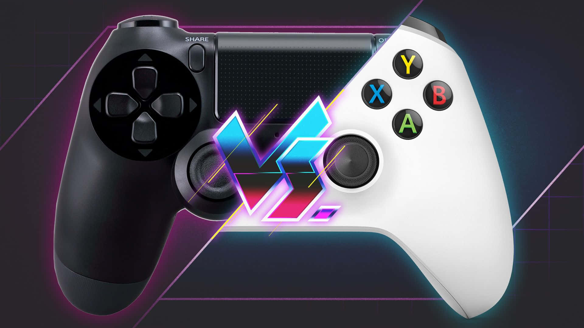 以 PlayStation 4 享受無與倫比的遊戲體驗 壁紙 — 一個黑色PlayStation手掣與一個白色Xbox手掣對峙，中間有發光的霓虹「VS」圖案。