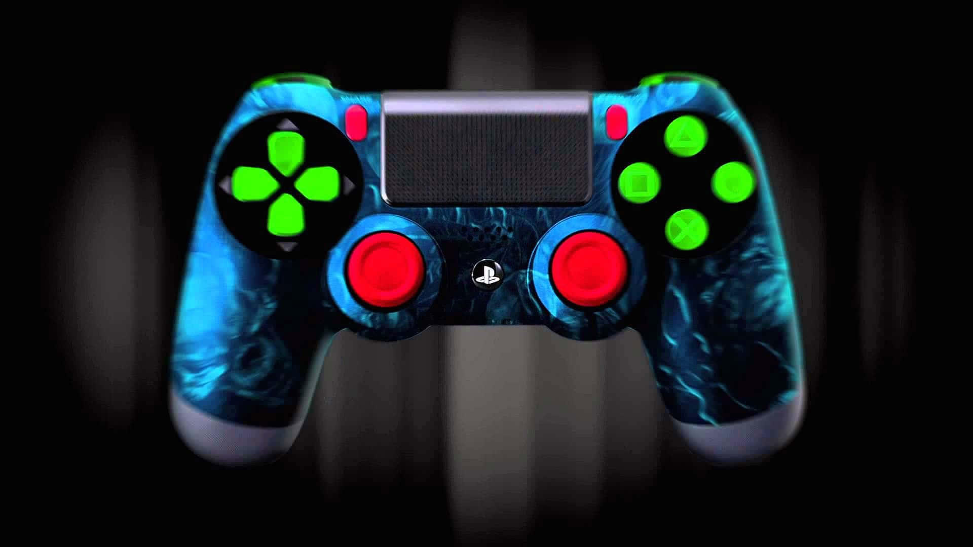 色彩繽紛PlayStation 4與亮麗霓虹綠紅控制按鈕 壁紙 — 一個PlayStation控制器，帶有發光的綠色和紅色按鈕，以及藍色大理石紋設計，背景為深色。