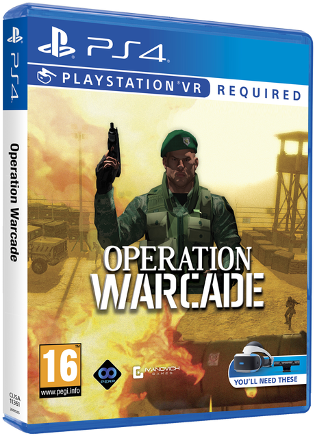 PlayStation 4《Operation Warcade》遊戲封面 壁紙 — 一名身穿綠色裝備的士兵在火熱的戰場背景下手持手槍，背景有瞭望塔和軍用車輛。