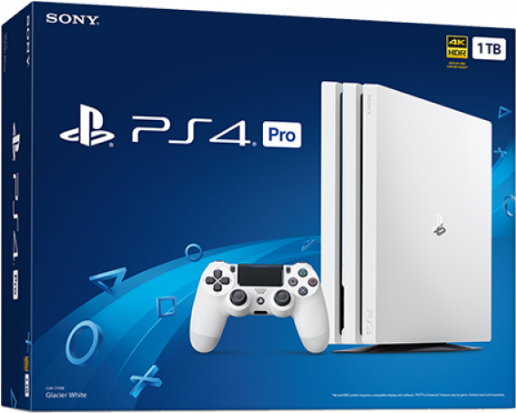 PlayStation 4 Pro 白色版主機盒裝 壁紙 — 白色PS4 Pro主機及控制器展示於藍色包裝上，帶有發光抽象符號。