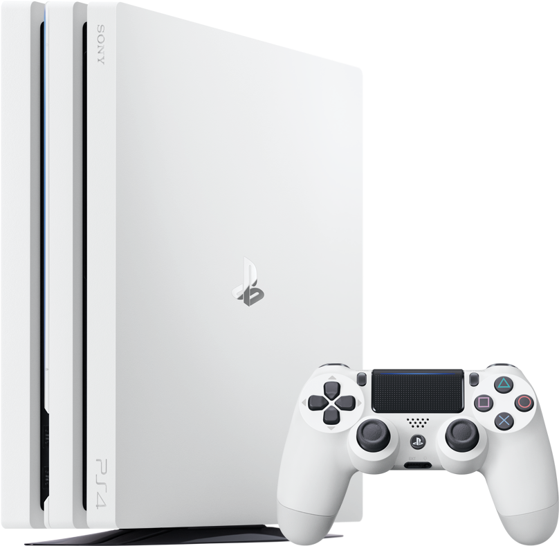白色PlayStation 4 Pro主機與控制器 壁紙 — 一部純白色的 PlayStation 4 主機和手掣在純黑背景襯托下，展現出簡潔現代的遊戲硬件。