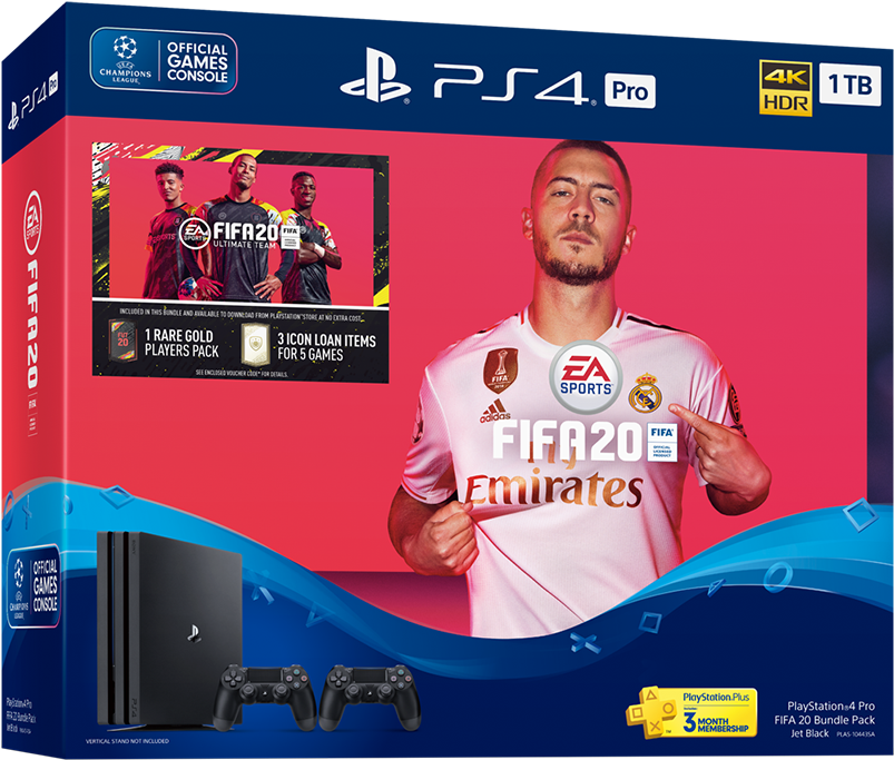 PlayStation 4 Pro《FIFA 20》套裝 壁紙 — 一個充滿活力的PS4 Pro主機盒，上面有身穿粉紅色球衣的足球運動員，背景為大膽的紅色和藍色。