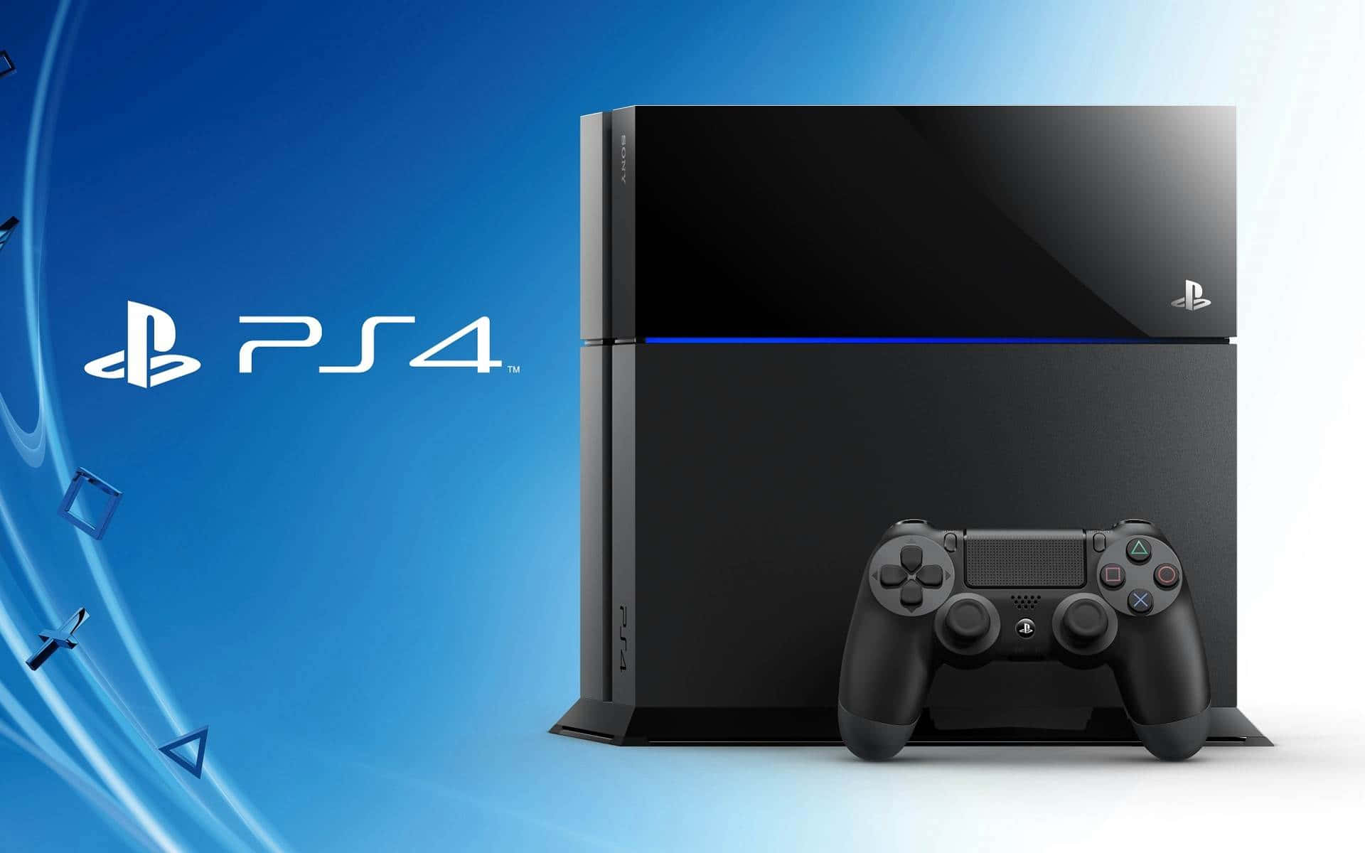 以索尼 PlayStation 4 享受遊戲的巔峰 壁紙 — 一部時尚的黑色 PlayStation 4 主機連控制器，矗立在帶有浮動幾何形狀的動態藍色漸變背景前。