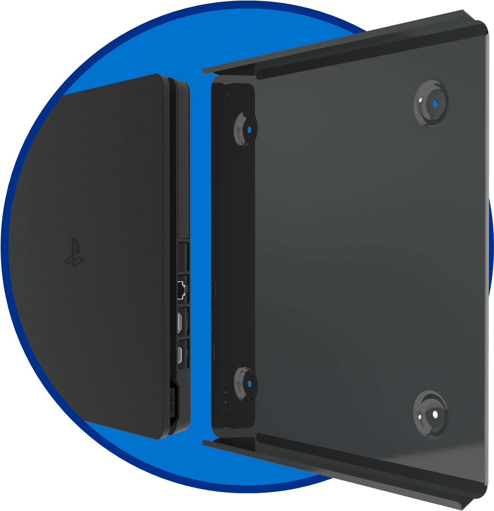 PlayStation 4 Slim 與原版對比 壁紙 — 一部時尚的黑色PlayStation主機從兩個角度展示，背景為充滿活力的藍色圓形。