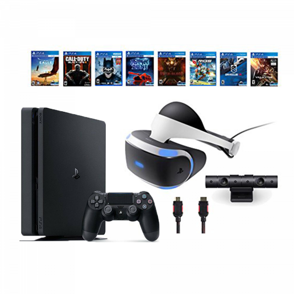 PlayStation 4 與 VR 遊戲裝置組合 壁紙 — 一部時尚的黑色 PlayStation 4 主機，配備控制器、VR 頭戴式裝置和相機，周圍環繞著遊戲封面。