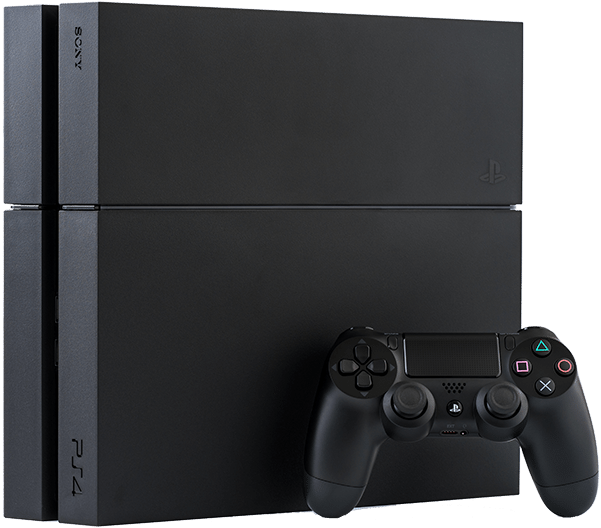 索尼 PlayStation 4 主機與控制器 壁紙 — 一部時尚的黑色 PlayStation 4 主機與其匹配的控制器一起立在潔白的背景前。