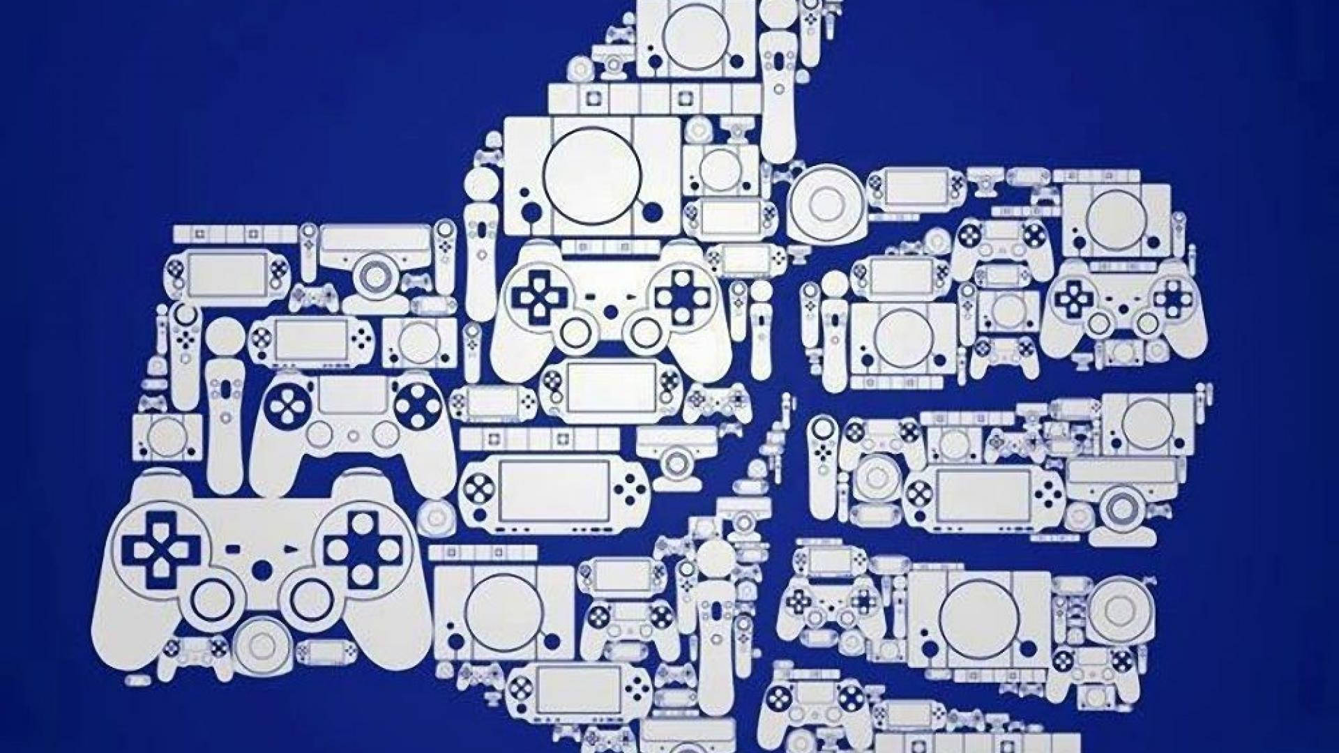 索尼PlayStation：升級遊戲體驗。 壁紙 — 一個風格化的豎起大拇指圖標，由各種電子遊戲控制器和主機的白色線條圖畫組成，背景為純藍色。