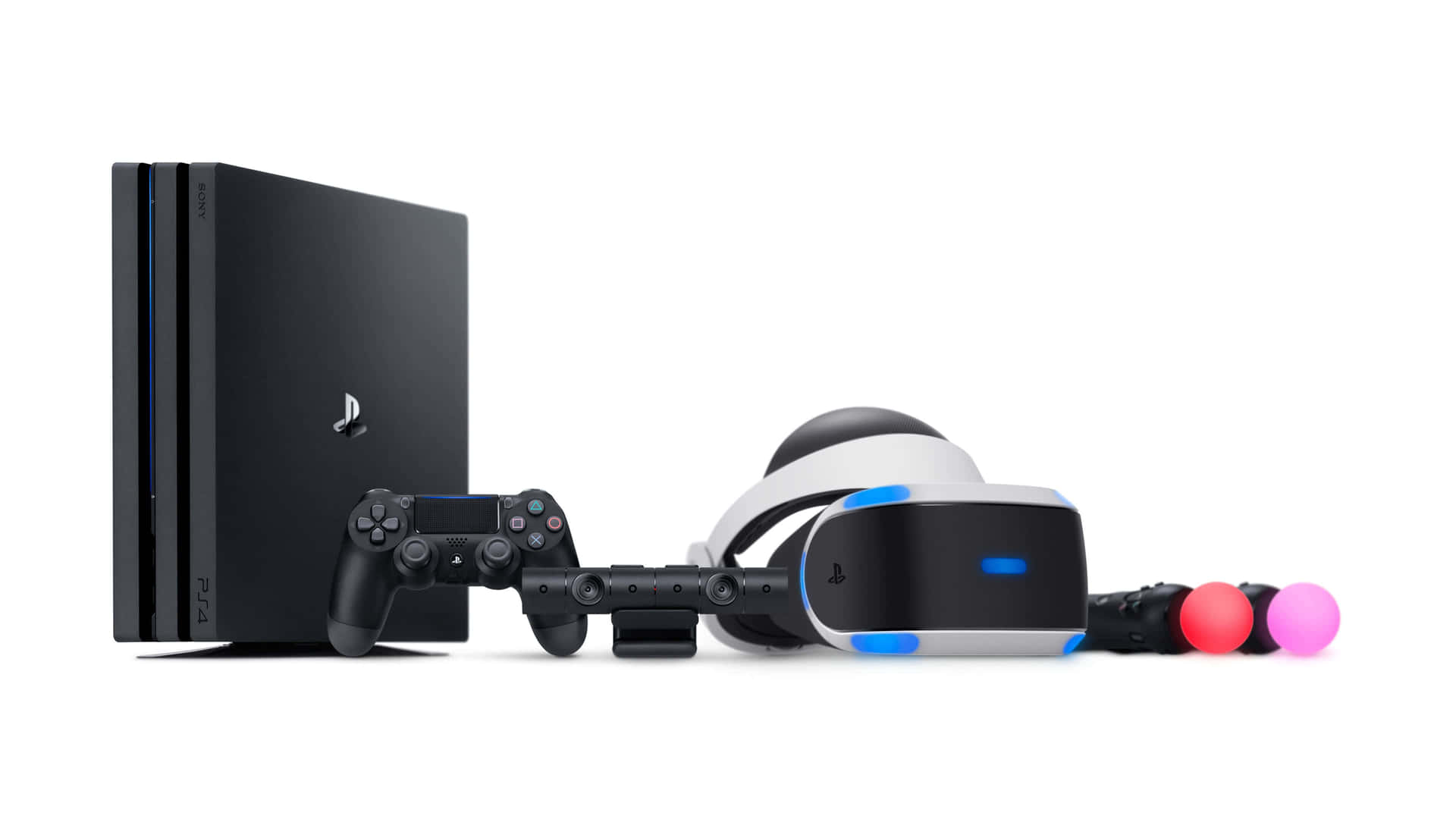 PlayStation 4 主機和 VR 頭戴式裝置，配備控制器，置於白色背景上