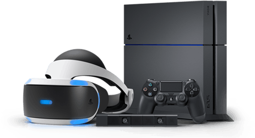 PlayStation 4與VR頭戴裝置 壁紙 — 一部時尚的 PlayStation 4 主機和 VR 頭戴式裝置連控制器放在反光表面上，背景為純白色。