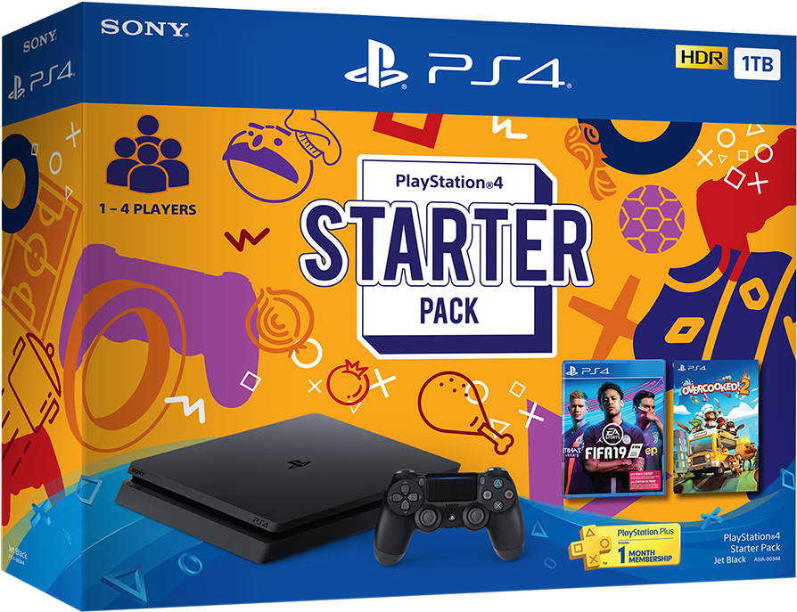 PlayStation 4入門套裝含遊戲與控制器 壁紙 — 一個充滿活力的PlayStation 4入門套裝盒，內有黑色主機控制器和遊戲盒，背景為色彩繽紛的抽象圖案。