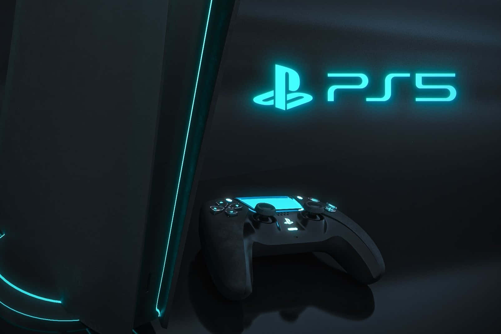  壁紙 — PlayStation 5 主機和控制器在黑暗的房間中發出鮮豔的藍色霓虹燈光。