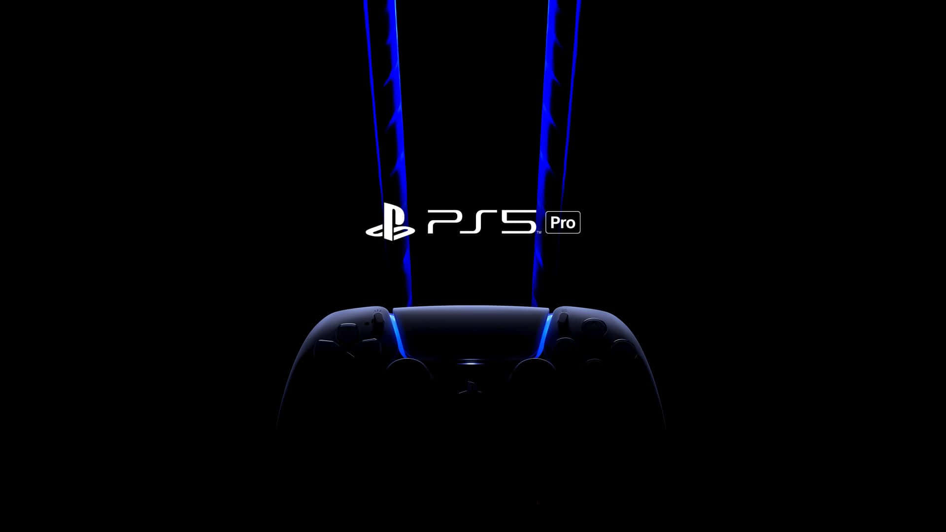  壁紙 — PlayStation 5 Pro 手掣在黑色背景上發出藍光，帶有垂直光條。