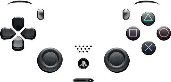 PlayStation控制器按鈕佈局 壁紙 — 一個時尚的黑色PlayStation控制器，帶有發光的彩色按鈕和帶紋理的模擬搖桿，背景為深色。