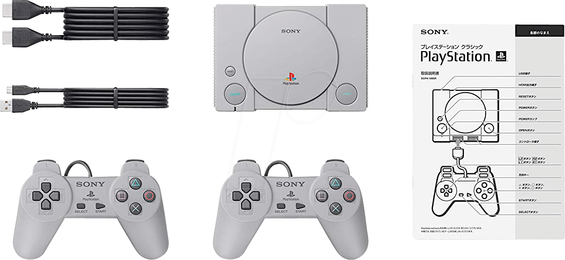 原版PlayStation主機與配件 壁紙 — 白色Sony PlayStation Classic主機連控制器及線材，黑色背景，附日文說明書圖解。