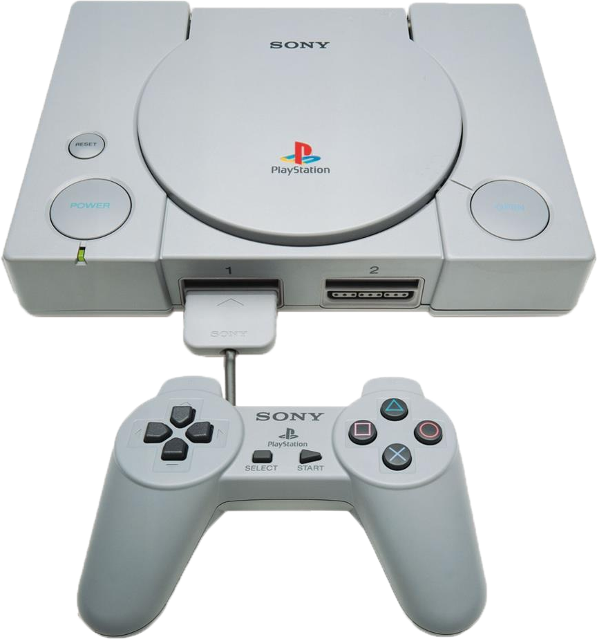 原版索尼PlayStation主機與控制器 壁紙 — 一部純白色的 Sony PlayStation 1 主機和控制器，置於潔淨的白色背景上。