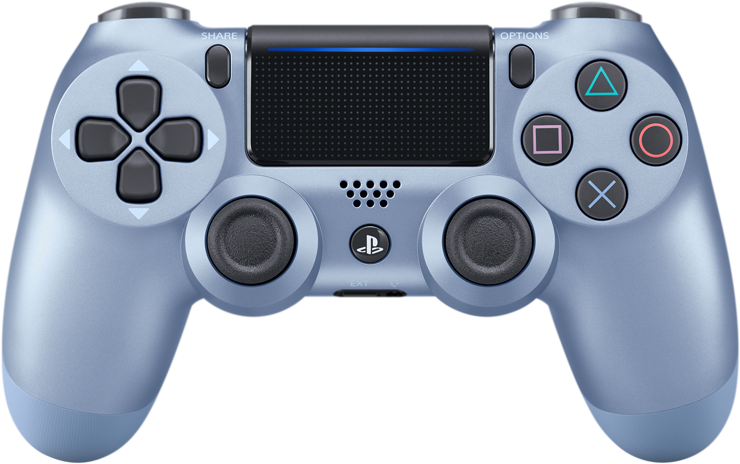 PlayStation DualShock 控制器銀色版 壁紙 — 一個時尚的淺藍色 PlayStation 4 控制器，帶有黑色按鈕和紋理握把，顯示在黑色背景上。