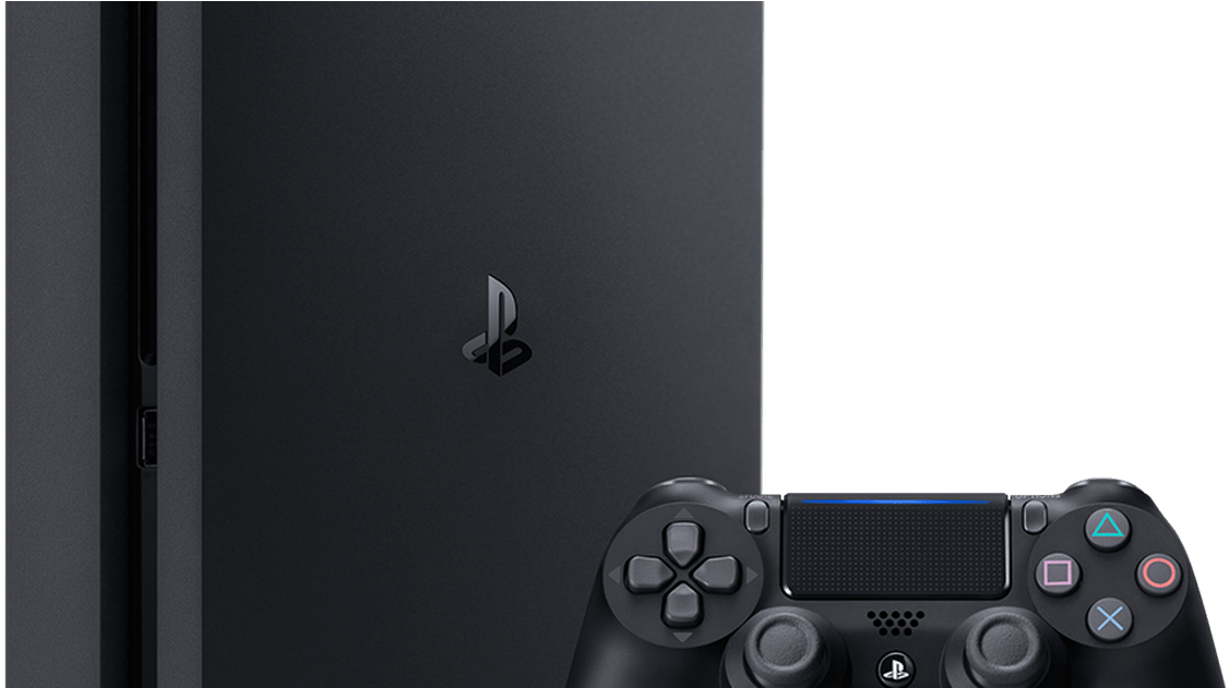 PlayStation主機與控制器 壁紙 — 一部時尚的黑色 PlayStation 4 主機與其匹配的控制器並排，背景為純黑色。