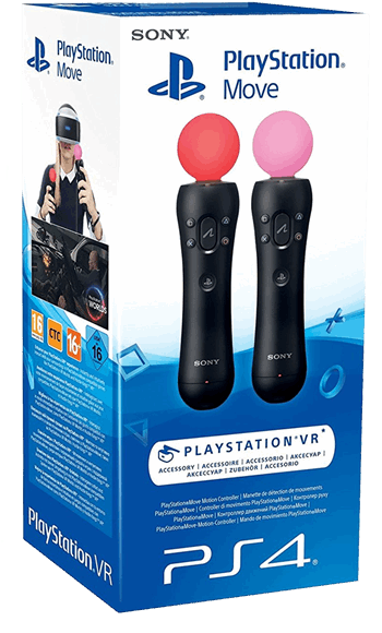 PlayStation Move控制器包裝 壁紙 — 一個藍色PlayStation VR盒，裡面有一個人戴著頭戴式裝置和兩個帶有紅色和粉紅色球體的動作控制器。