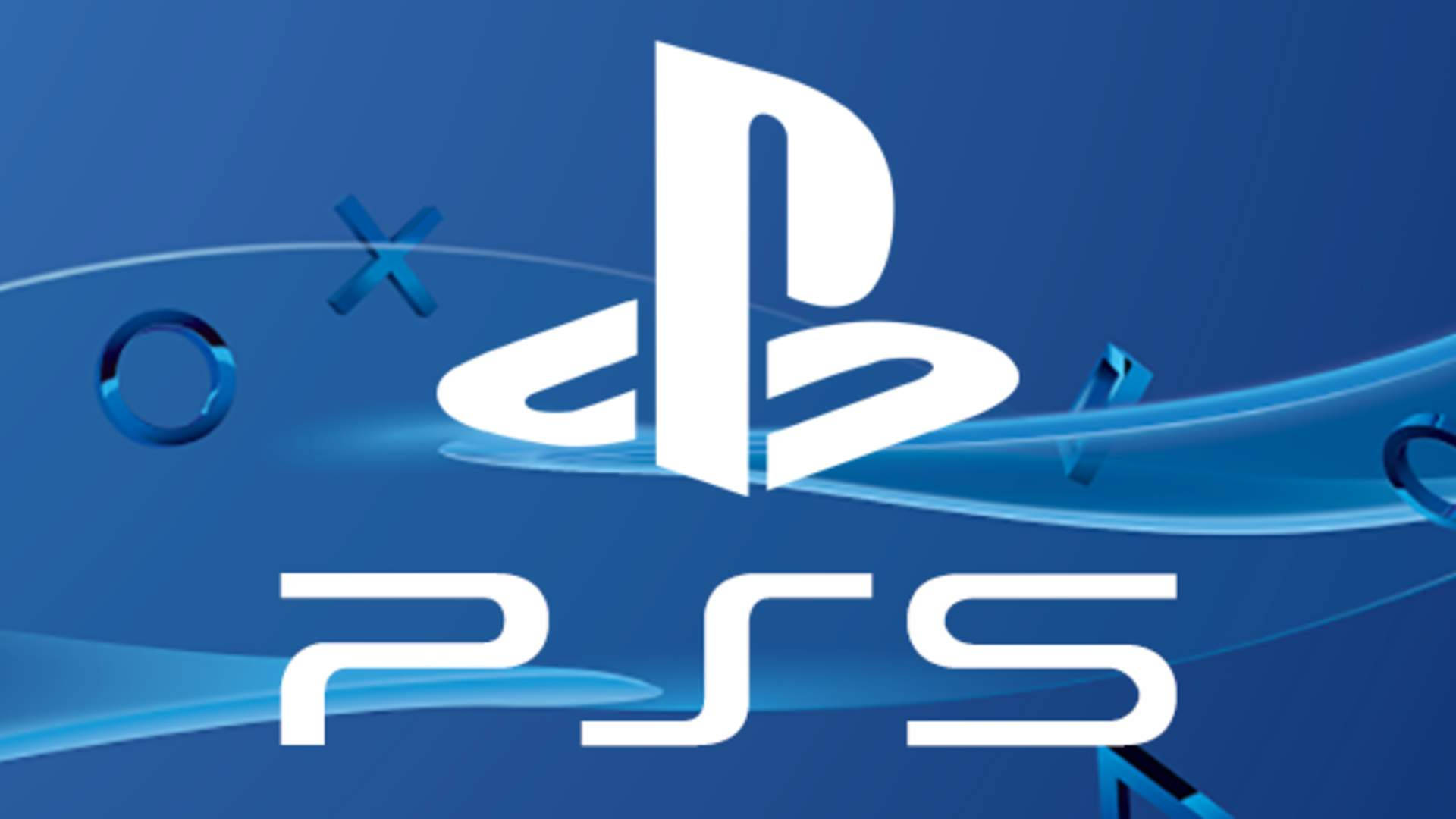 PlayStation PS5 海報 壁紙 — 白色PlayStation 5標誌和控制器符號在漸變藍色背景上動態漂浮，帶有發光的光條。