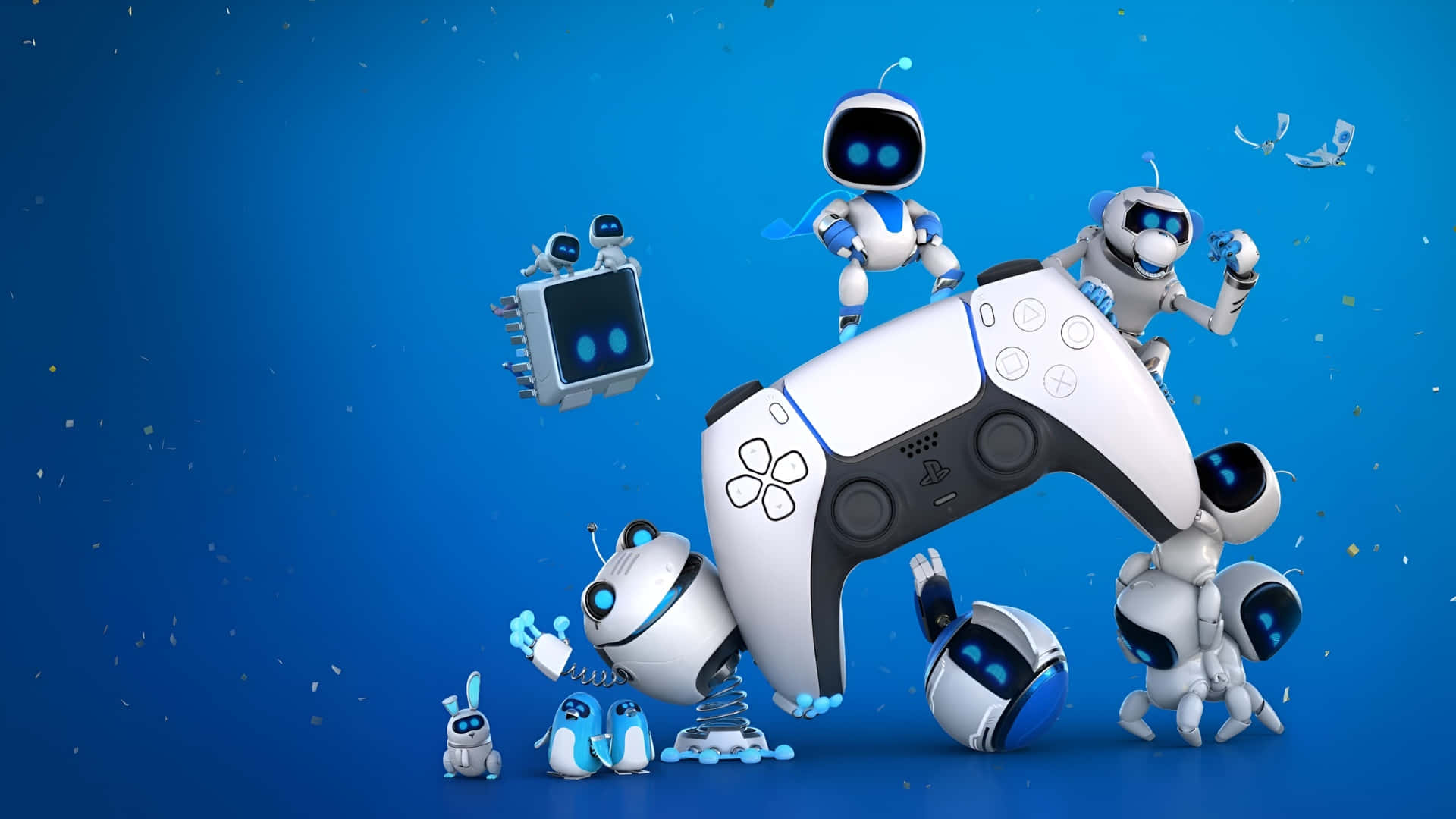  壁紙 — PlayStation 手掣被玩味的藍色和白色機械人包圍，背景是充滿活力的藍色和五彩紙屑。