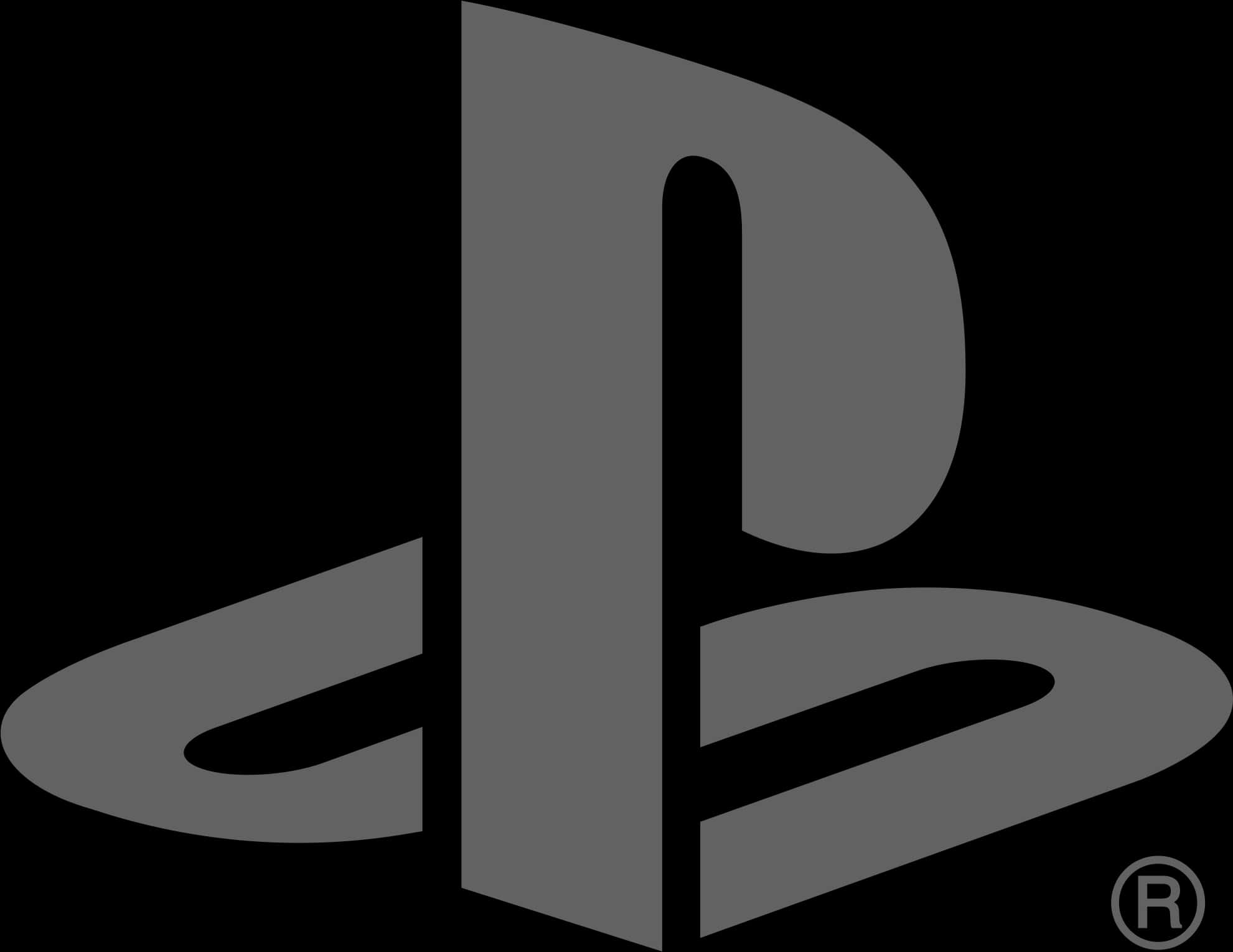 PlayStation 標誌 黑白單色 壁紙 — 一個時尚的灰色PlayStation標誌，在純黑色背景上大膽展示，並帶有註冊商標符號。