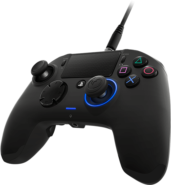 有線PlayStation控制器獨立展示 壁紙 — 一個時尚的黑色PlayStation控制器，帶有發光的藍色燈光和彩色按鈕，孤立在白色背景上。