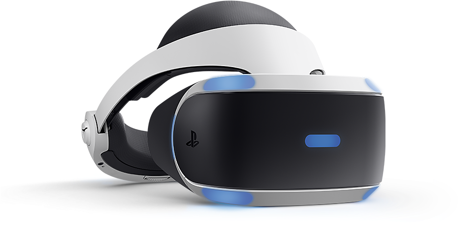PlayStation VR 頭戴裝置產品展示 壁紙 — 一個時尚的白色和黑色PlayStation VR頭戴式裝置，帶有發光的藍色點綴，放置在黑色背景的反射表面上。