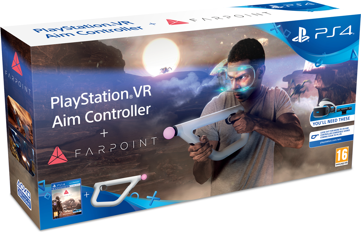 PlayStation VR Aim控制器包裝 壁紙 — 一名戴著VR頭戴式裝置的男子，在科幻沙漠景觀中，用PlayStation VR Aim Controller瞄準一個發光的太陽。